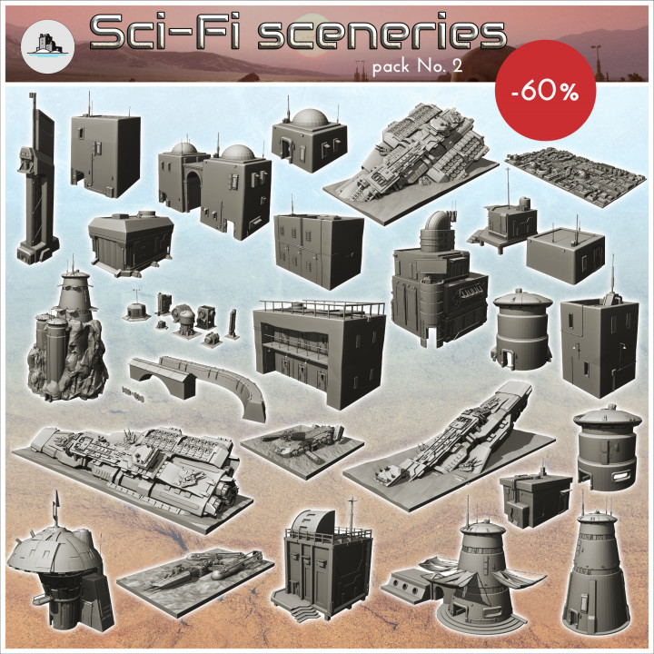 Sci-Fi sceneries pack No. 2 - Future Sci-Fi SF Post apocalyptic Tabletop Scifi Wargaming Planetary exploration RPG Terrain Tatooine Desert image