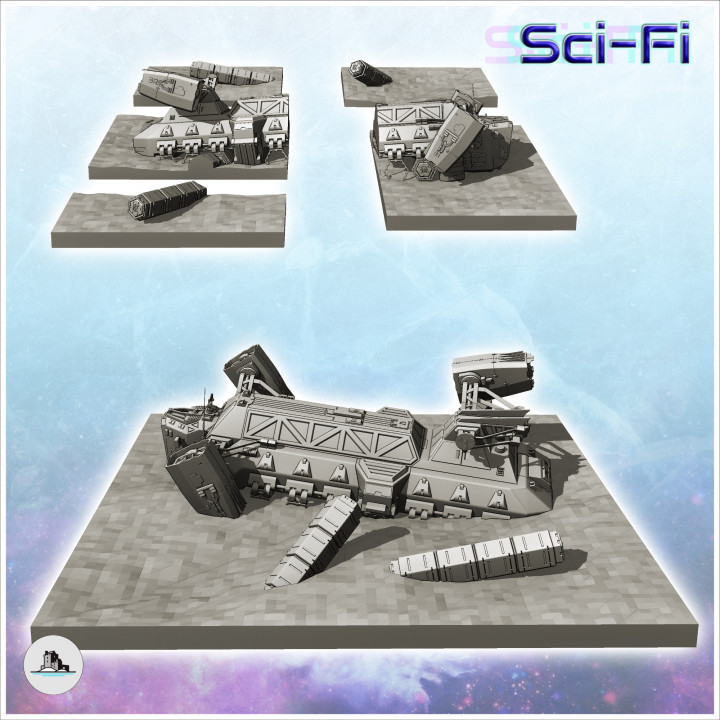 Carcass of freighter cargo hauler spaceship (1) - Future Sci-Fi SF Post apocalyptic Tabletop Scifi Wargaming Planetary exploration RPG Terrain image