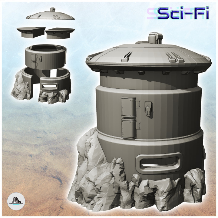 Futuristic tower with spherical roof built on rock (5) - Future Sci-Fi SF Post apocalyptic Tabletop Scifi Wargaming Planetary exploration RPG Terrain image