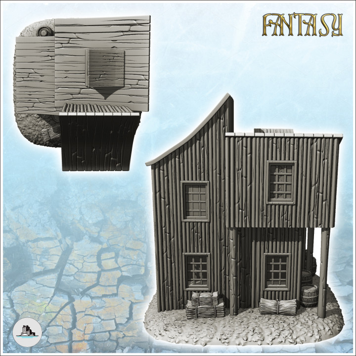 Wooden building with multiple curved roofs and exterior accessories (3) - Medieval Fantasy Magic Feudal Old Archaic Saga 28mm 15mm image