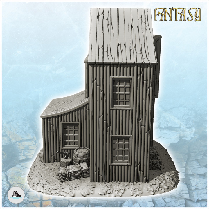 Wooden building with multiple curved roofs and exterior accessories (3) - Medieval Fantasy Magic Feudal Old Archaic Saga 28mm 15mm image