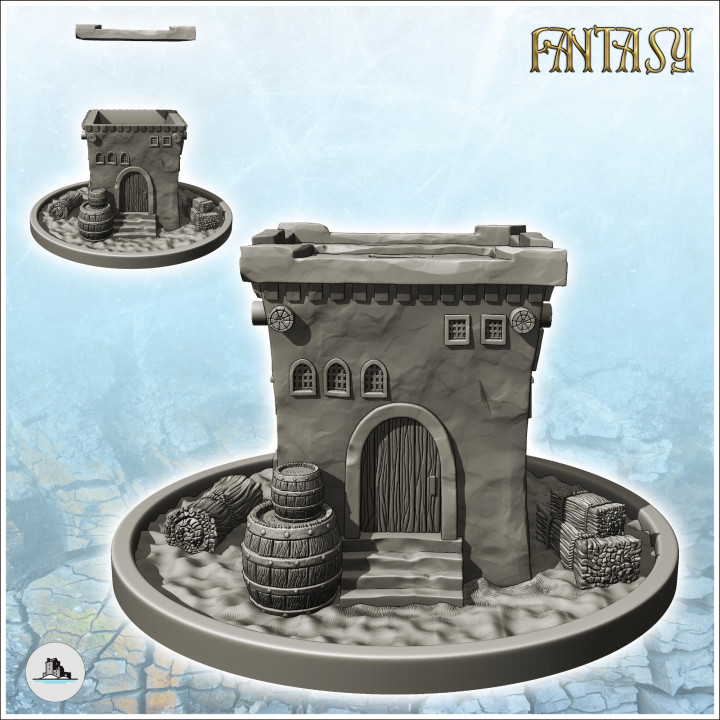 Medieval house on pedestal with flat roof and exterior accessories (5) - Medieval Fantasy Magic Feudal Old Archaic Saga 28mm 15mm