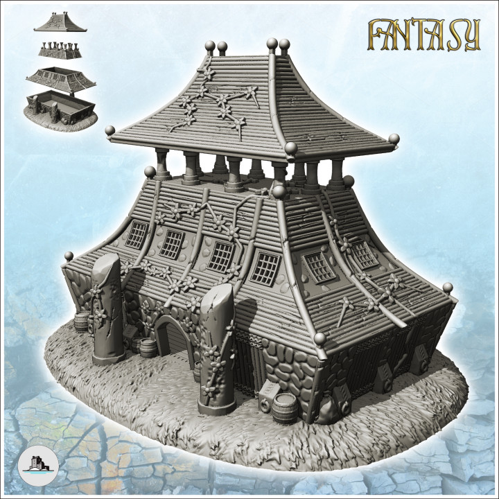 Large curved-roof medieval building with upstairs terrace and stone entrance totem (6) - Medieval Fantasy Magic Feudal Old Archaic Saga 28mm 15mm image