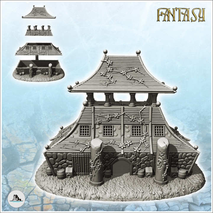 Large curved-roof medieval building with upstairs terrace and stone entrance totem (6) - Medieval Fantasy Magic Feudal Old Archaic Saga 28mm 15mm image