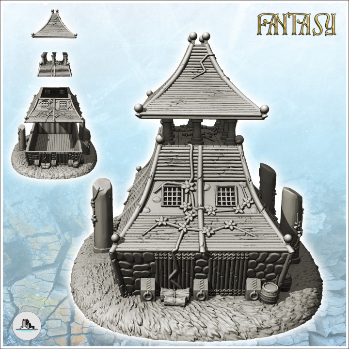 Large curved-roof medieval building with upstairs terrace and stone entrance totem (6) - Medieval Fantasy Magic Feudal Old Archaic Saga 28mm 15mm