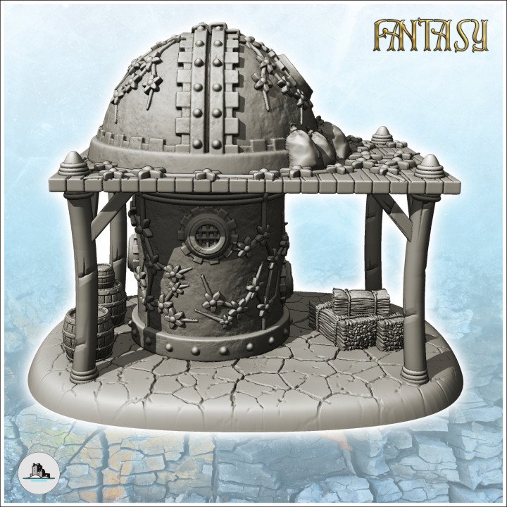 Medieval warehouse with large canopy and green spherical roof (7) - Medieval Fantasy Magic Feudal Old Archaic Saga 28mm 15mm