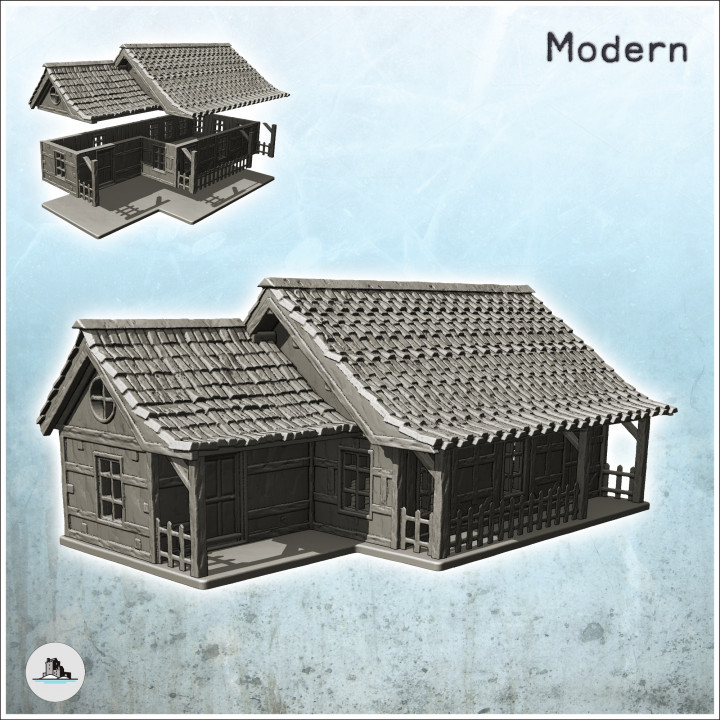 Long modern house with column awning and wooden fence (7) - Cold Era Modern Warfare Conflict World War 3 RPG  Post-apo image