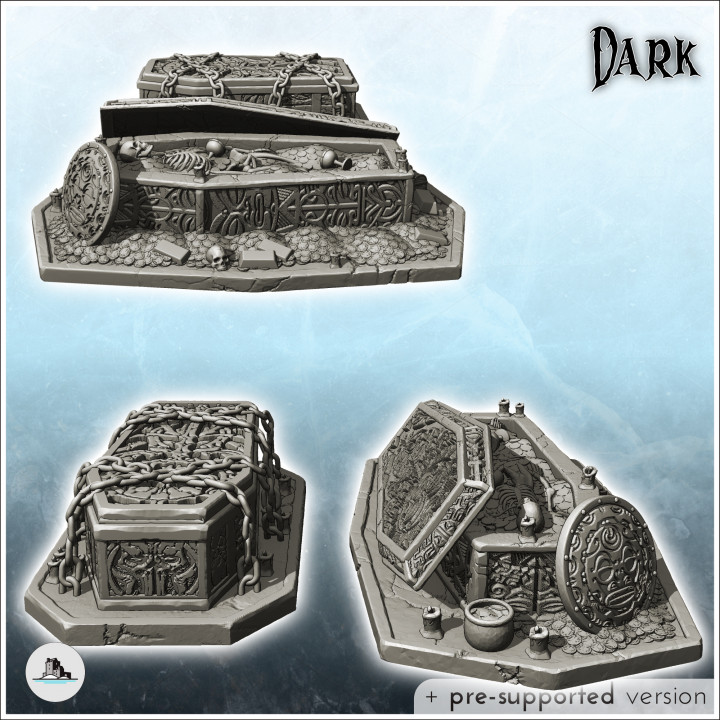 Set of two evil coffins with metal chains and gold coins (5) - Creature Darkness War 15mm 20mm 28mm 32mm Medieval Dungeon image