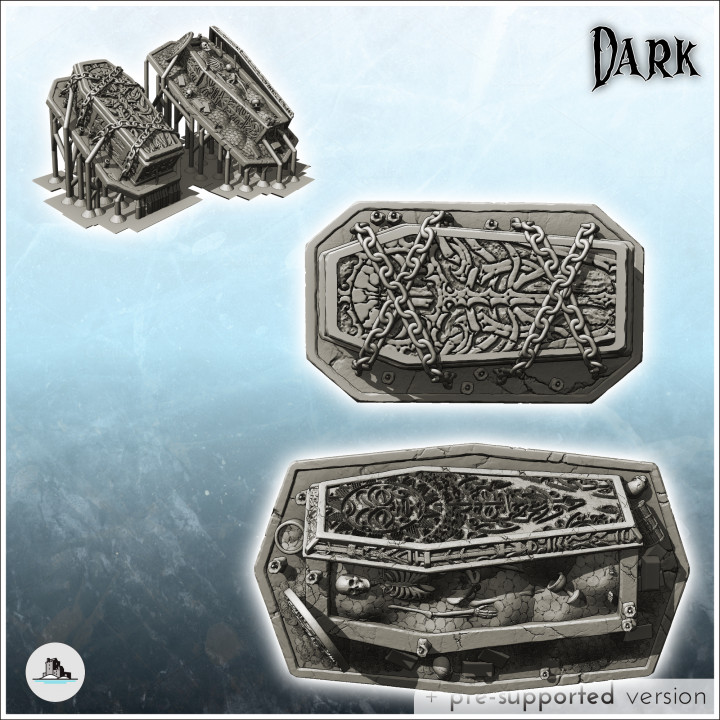 Set of two evil coffins with metal chains and gold coins (5) - Creature Darkness War 15mm 20mm 28mm 32mm Medieval Dungeon