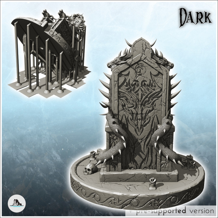 Evil throne with carved stone platform and dragon heads (7) - Creature Darkness War 15mm 20mm 28mm 32mm Medieval Dungeon