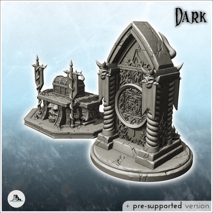 Set of two gothic altars with chest decorated with skulls (1) - Creature Darkness War 15mm 20mm 28mm 32mm Medieval Dungeon image
