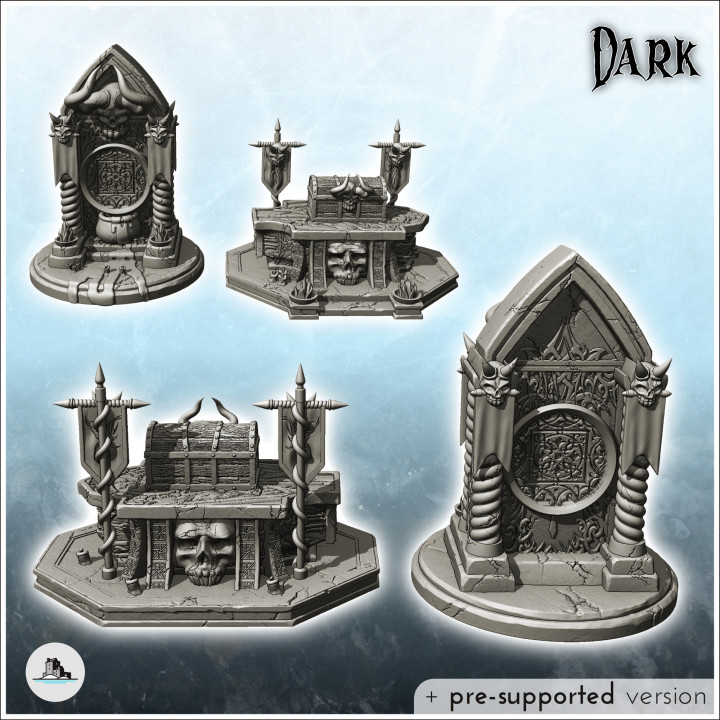 Set of two gothic altars with chest decorated with skulls (1) - Creature Darkness War 15mm 20mm 28mm 32mm Medieval Dungeon image