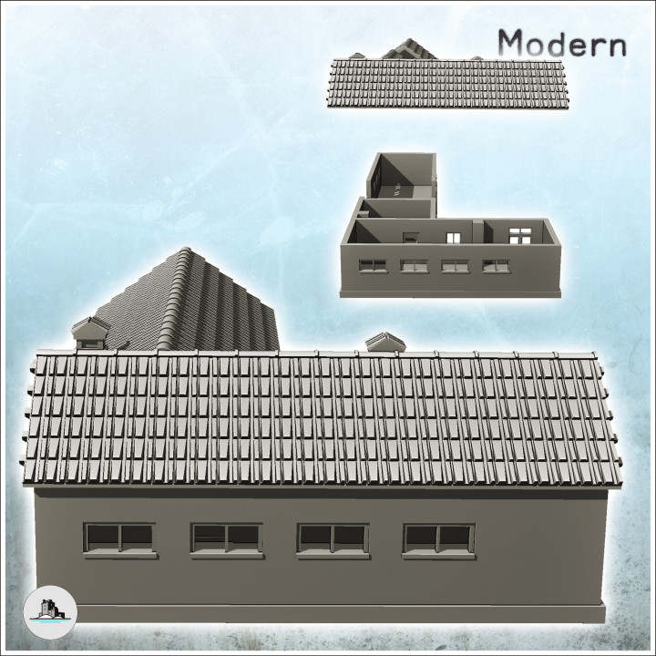 Military barracks with central access arch and tile roof (3) - Modern WW2 WW1 World War Diaroma Wargaming RPG Mini Hobby image