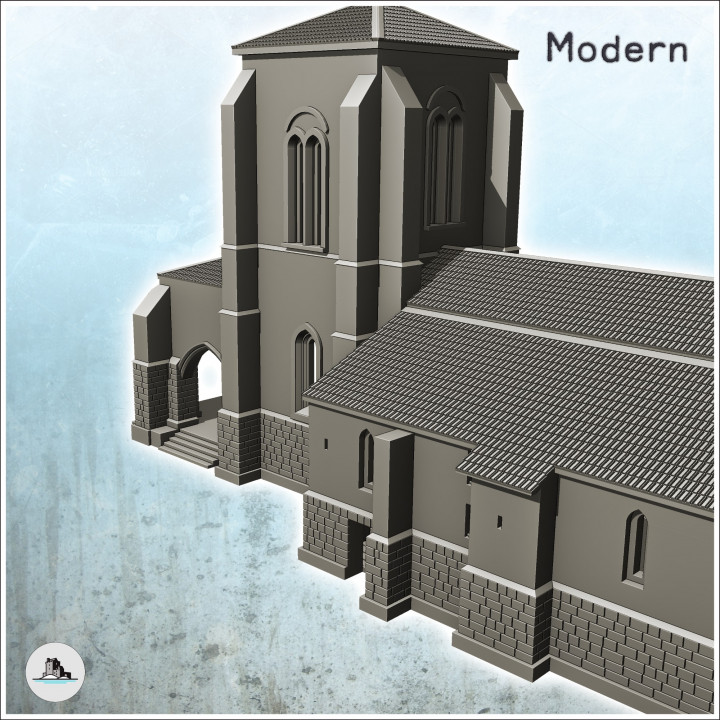 European church with bell tower, tiled roof and numerous buttresses (4) - Modern WW2 WW1 World War Diaroma Wargaming RPG Mini Hobby