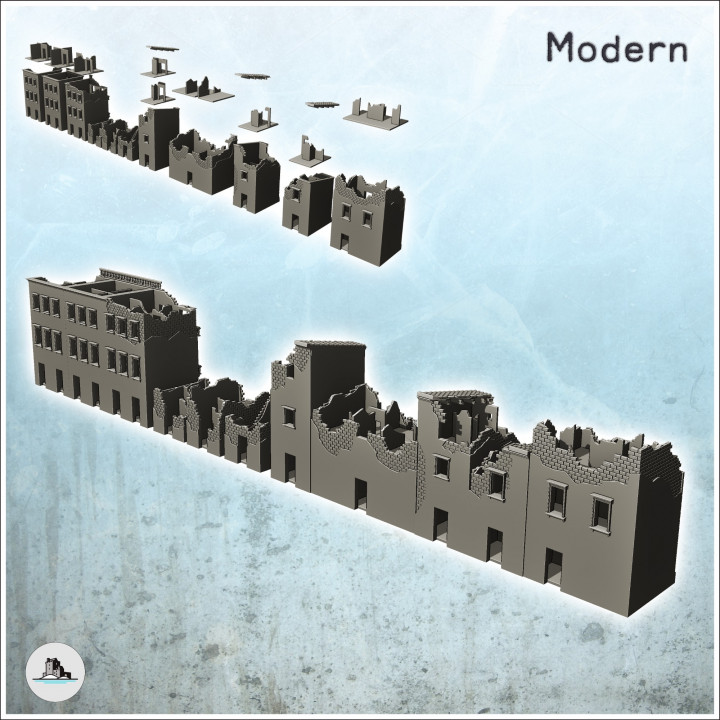 Set of ten single-storey urban buildings (ruined version) (13) - Modern WW2 WW1 World War Diaroma Wargaming RPG Mini Hobby image