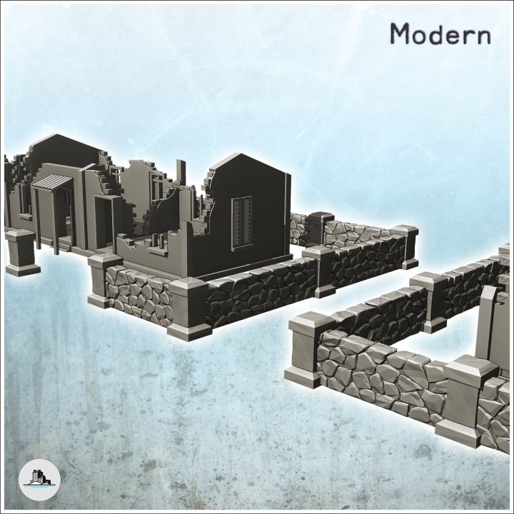 Set of five European houses and walls (ruined version) - Modern WW2 WW1 World War Diaroma Wargaming RPG Mini Hobby image
