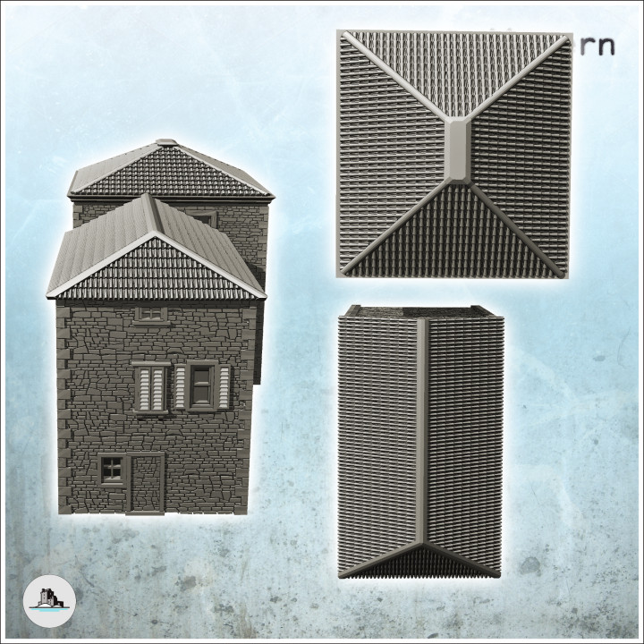 Set of two tiled roof houses with stone walls and shutters (12) - World War Two Second WWII Front Eastern Western Axis Allied