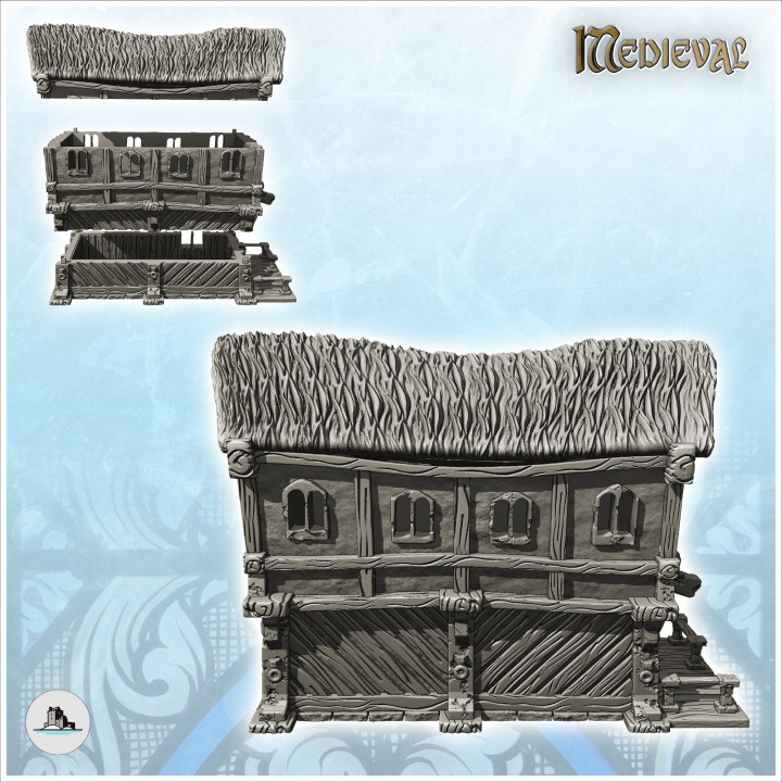 Medieval building with rounded thatched roof and terrace at the entrance (13) - Medieval Gothic Feudal Old Archaic Saga 28mm 15mm RPG image