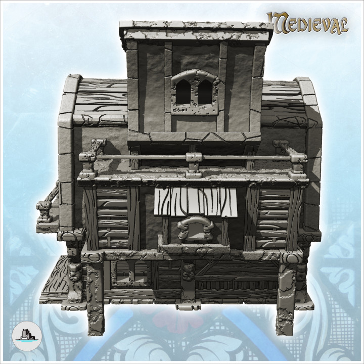 Medieval stone and wood building with large covered terrace and overhanging room (20) - Medieval Gothic Feudal Old Archaic Saga 28mm 15mm RPG image