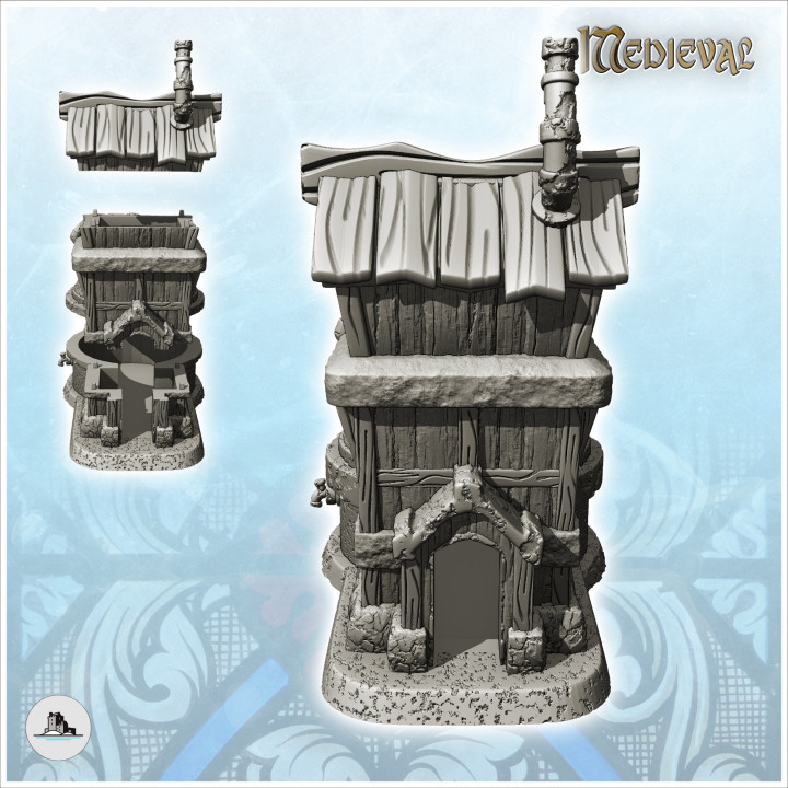 Medieval workshop with large annex tank and drain pipes (21) - Medieval Gothic Feudal Old Archaic Saga 28mm 15mm RPG