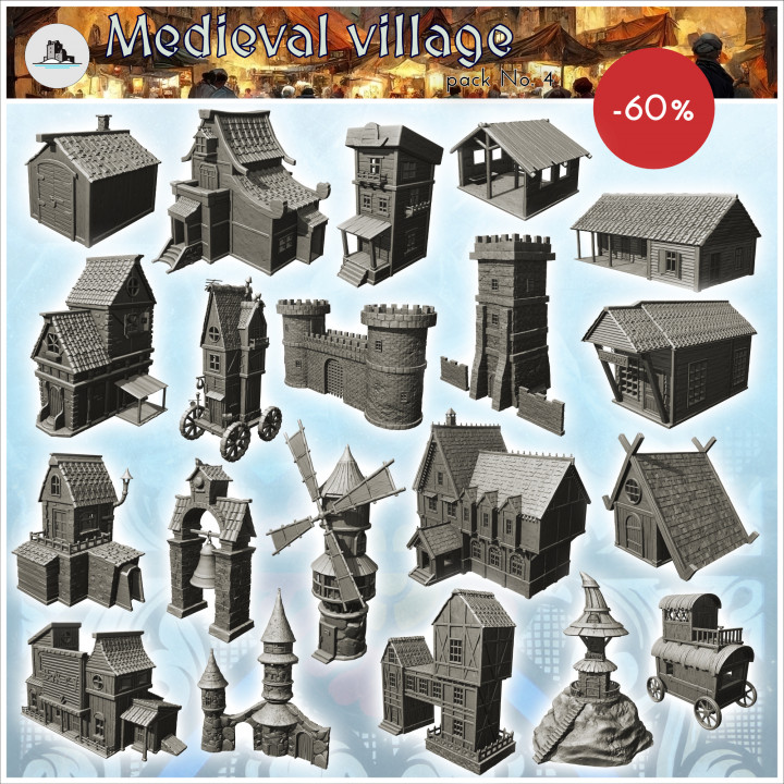 Medieval village pack No. 4 - Medieval Gothic RPG Feudal Old Archaic Saga 28mm 15mm image