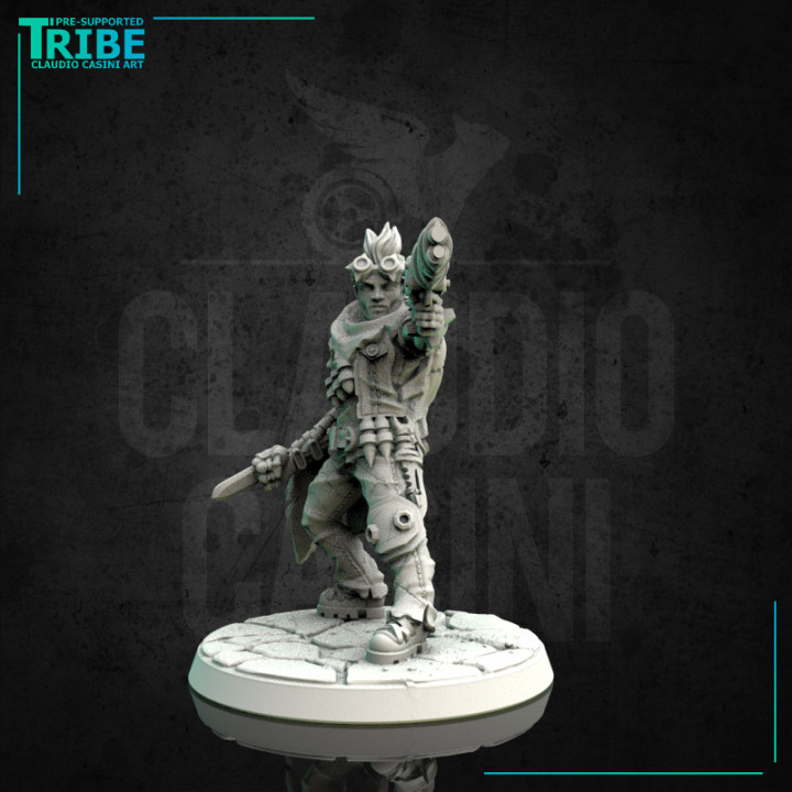 (0165) Male sci-fi post-apocalyptic warrior with mechanical arm and gun