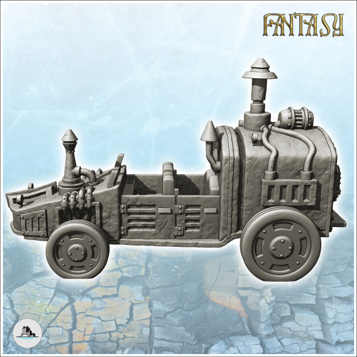 Steampunk car with chimney and large engine in the back (4) - Future Sci-Fi SF Post apocalyptic Tabletop Scifi Wargaming Planetary exploration RPG Terrain image