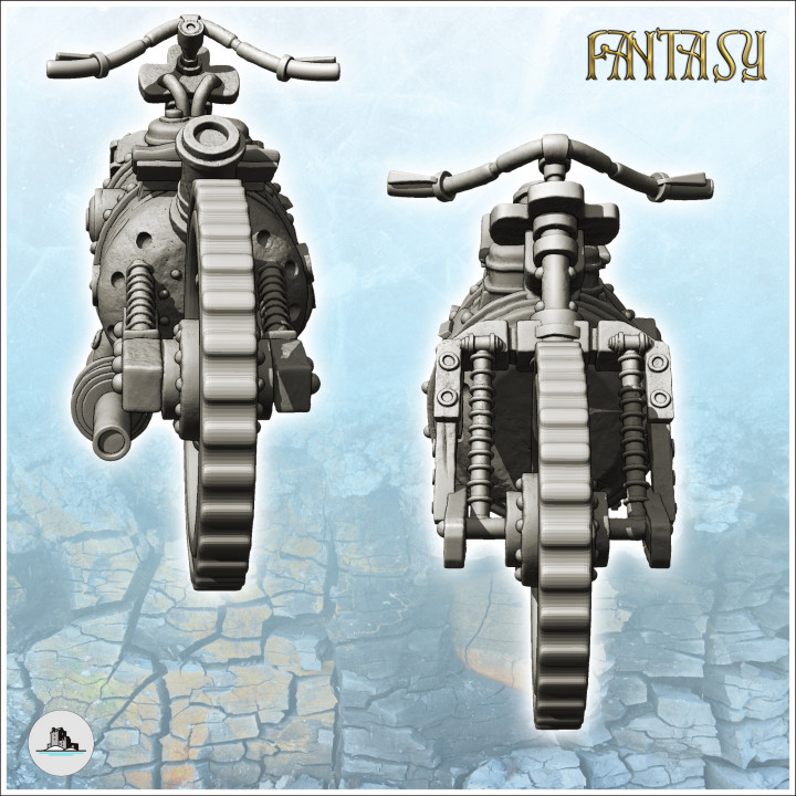 Steampunk motorcycle with curved handlebars and large central engine (5) - Future Sci-Fi SF Post apocalyptic Tabletop Scifi Wargaming Planetary exploration RPG Terrain