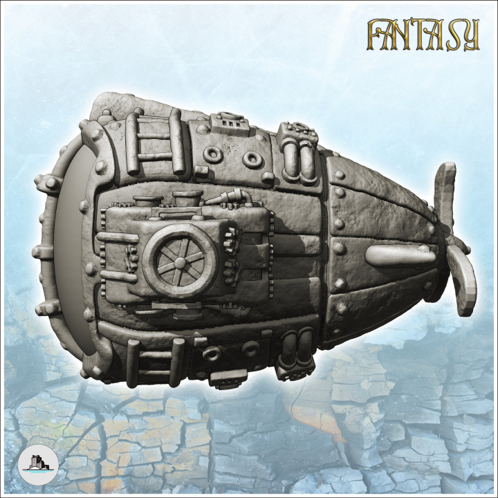 Metal steampunk submarine with stern propeller and large viewing port (6) - Future Sci-Fi SF Post apocalyptic Tabletop Scifi Wargaming Planetary exploration RPG Terrain