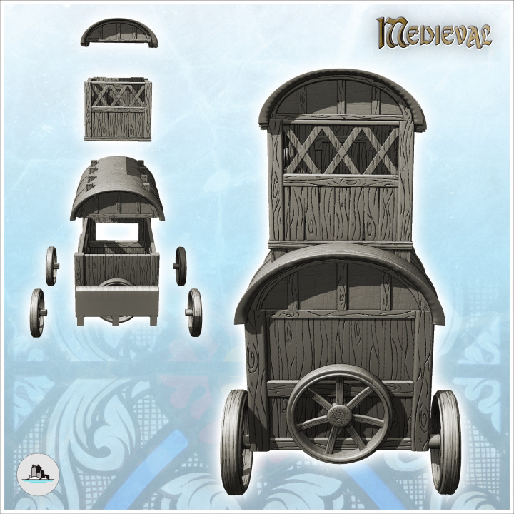 Merchant caravan on wooden wheels with terrace (1) - Medieval Gothic Feudal Old Archaic Saga 28mm 15mm RPG