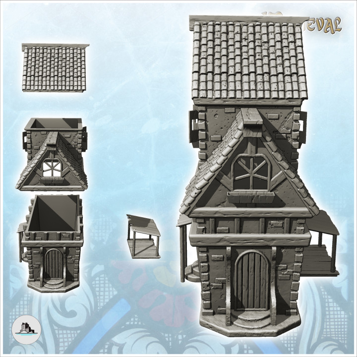 Large medieval house with tiled roof and side awning (1) - Medieval Gothic Feudal Old Archaic Saga 28mm 15mm RPG image