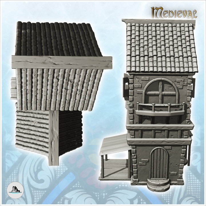 Large medieval house with tiled roof and side awning (1) - Medieval Gothic Feudal Old Archaic Saga 28mm 15mm RPG image
