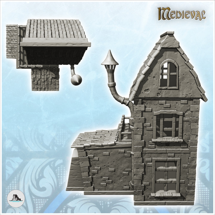 Medieval house with entrance under porch, two-storey terrace and outdoor fireplace with pipes (2) - Medieval Gothic Feudal Old Archaic Saga 28mm 15mm RPG