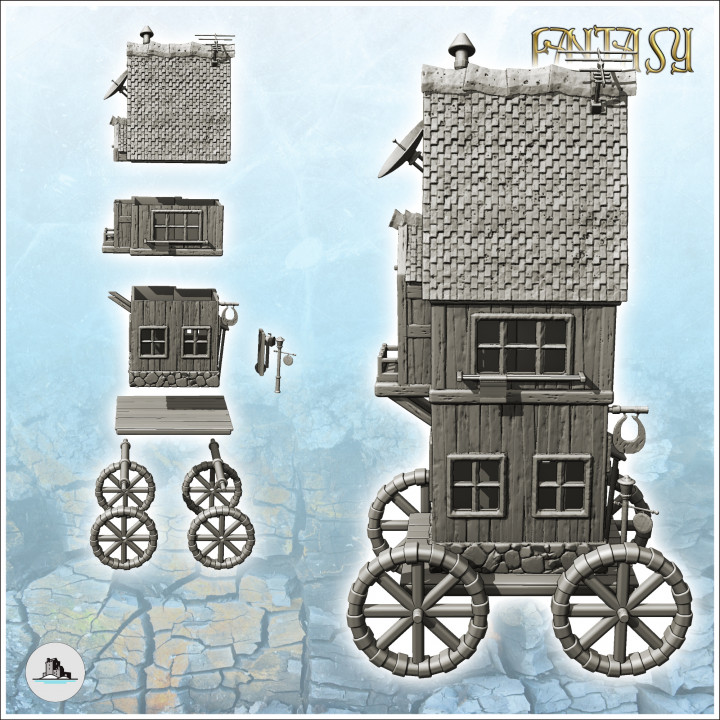 Fantasy medieval shop on four wooden wheels with sign and round window (3) - Medieval Gothic Feudal Old Archaic Saga 28mm 15mm RPG image