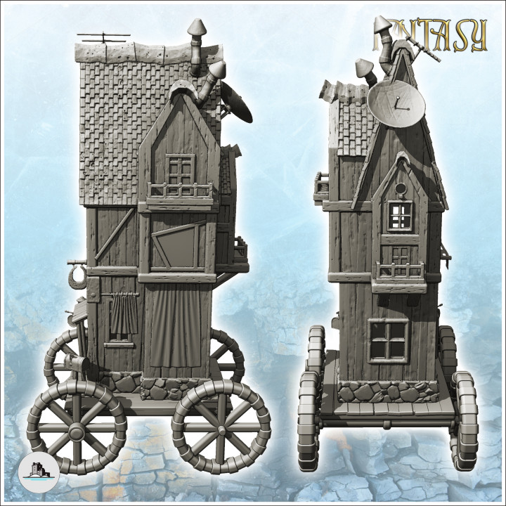 Fantasy medieval shop on four wooden wheels with sign and round window (3) - Medieval Gothic Feudal Old Archaic Saga 28mm 15mm RPG