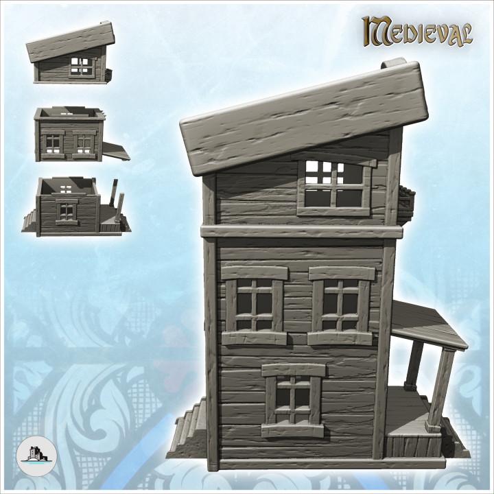Two-storey medieval wooden building with platform entrance and canopy (8) - Medieval Gothic Feudal Old Archaic Saga 28mm 15mm RPG image