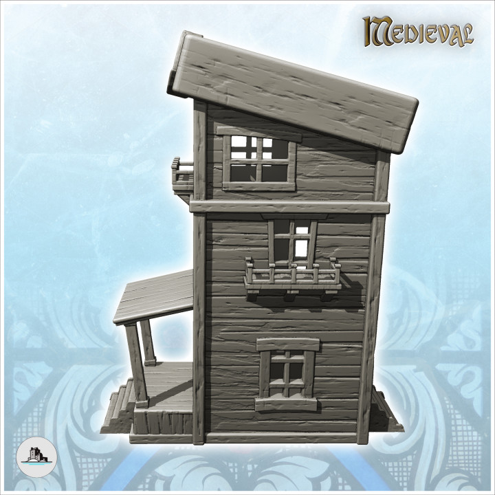 Two-storey medieval wooden building with platform entrance and canopy (8) - Medieval Gothic Feudal Old Archaic Saga 28mm 15mm RPG image