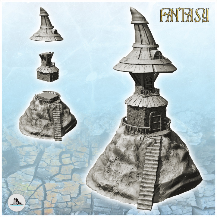 Large fantastic medieval tower on rocky promontory and curved roof and access staircase (9) - Medieval Gothic Feudal Old Archaic Saga 28mm 15mm RPG image