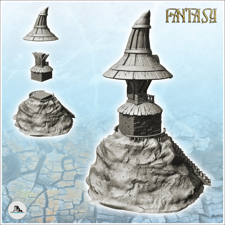 Large fantastic medieval tower on rocky promontory and curved roof and access staircase (9) - Medieval Gothic Feudal Old Archaic Saga 28mm 15mm RPG image