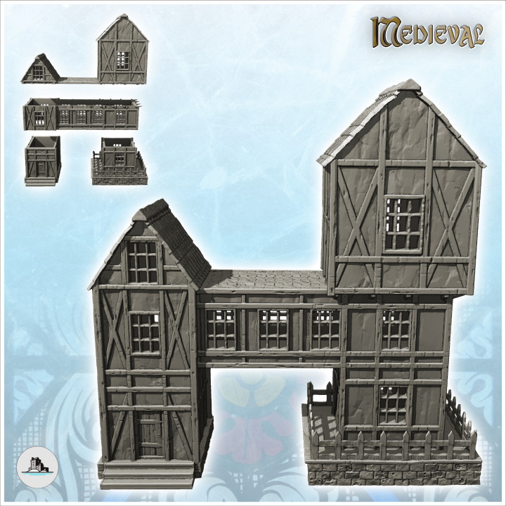 Large medieval half-timbered building with suspended storey and platform with balustrades (11) - Medieval Gothic Feudal Old Archaic Saga 28mm 15mm RPG image