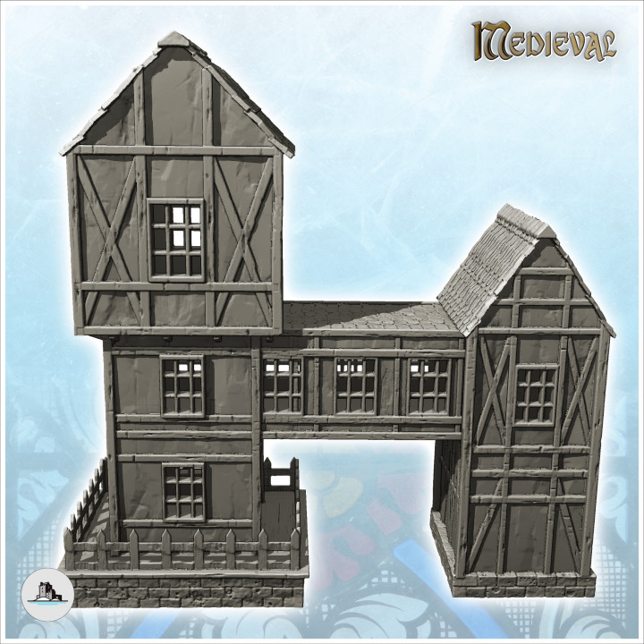 Large medieval half-timbered building with suspended storey and platform with balustrades (11) - Medieval Gothic Feudal Old Archaic Saga 28mm 15mm RPG image