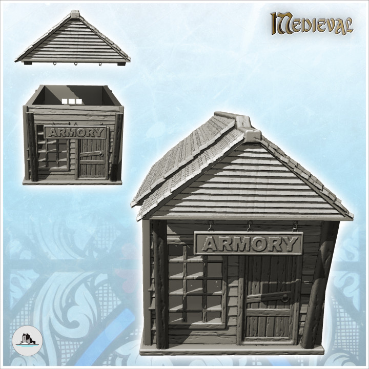 Medieval wooden armory with tiled roof and large entrance canopy (12) - Medieval Gothic Feudal Old Archaic Saga 28mm 15mm RPG image