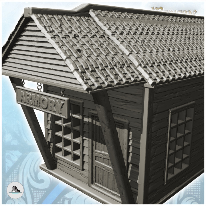 Medieval wooden armory with tiled roof and large entrance canopy (12) - Medieval Gothic Feudal Old Archaic Saga 28mm 15mm RPG