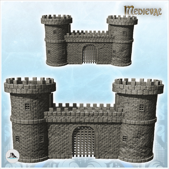 Medieval fortified entrance with double towers and metal portcullis (14) - Medieval Gothic Feudal Old Archaic Saga 28mm 15mm RPG image