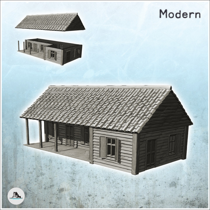Traditional wooden house with large entrance canopy and tiled roof (15) - Medieval Gothic Feudal Old Archaic Saga 28mm 15mm RPG image