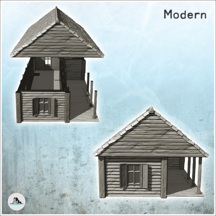 Traditional wooden house with large entrance canopy and tiled roof (15) - Medieval Gothic Feudal Old Archaic Saga 28mm 15mm RPG image