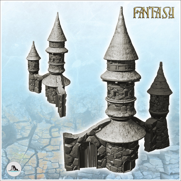 Fantastic building with two towers with curved roofs and access arch (16) - Medieval Gothic Feudal Old Archaic Saga 28mm 15mm RPG