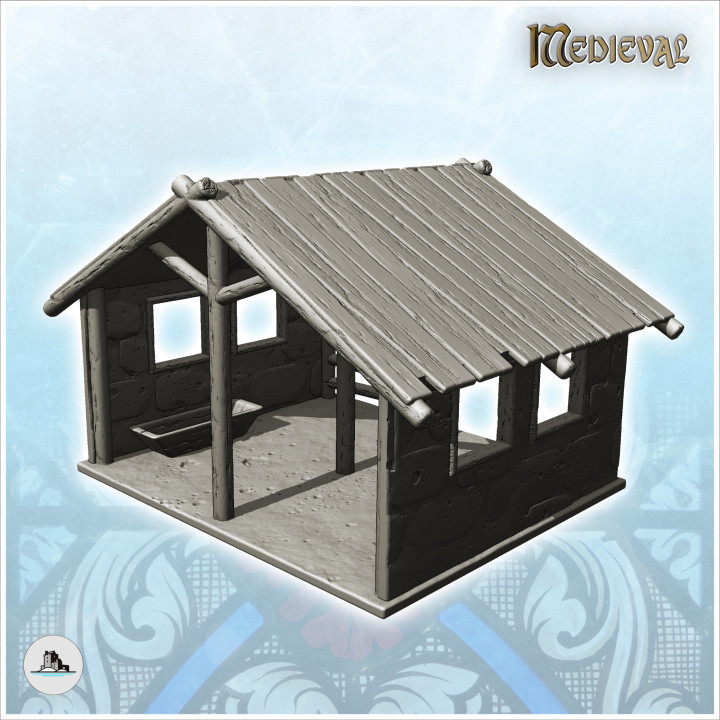 Open medieval stable with drinking trough and wooden roof (17) - Medieval Gothic Feudal Old Archaic Saga 28mm 15mm RPG image