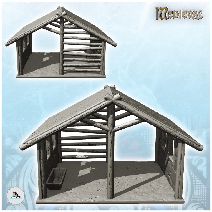 Open medieval stable with drinking trough and wooden roof (17) - Medieval Gothic Feudal Old Archaic Saga 28mm 15mm RPG image