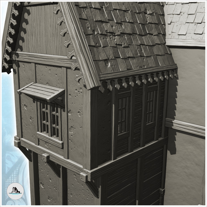 Large medieval residence with entrance under awning and sculpted slate roof (19) - Medieval Gothic Feudal Old Archaic Saga 28mm 15mm RPG